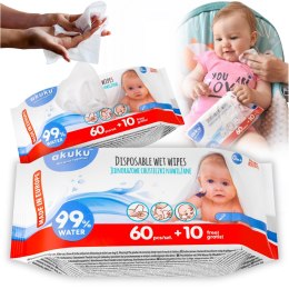 70x Chusteczki nawilżane dla dzieci AKUKU Wygodne Mokre Delikatne 99% Wody
